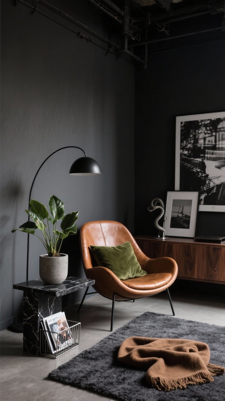 Photorealistic medium shot: moody modern loft corner featuring a cognac leather egg chair against charcoal walls; black marble side table with subtle veining; matte black arc floor lamp; charcoal wool rug underfoot; tobacco-colored throw on the chair; sleek metal magazine rack; low-profile walnut console with oversized black-and-white photographs leaning above; gunmetal and brushed black metals; a single olive green velvet cushion; snake plant in a concrete pot; low, dramatic lighting with soft highlights on leather.