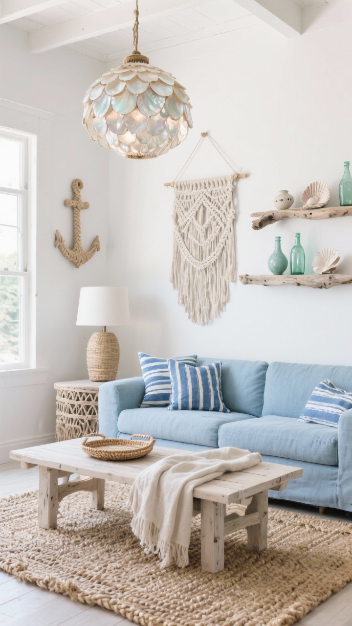 Photorealistic medium shot of a “Beachy Boho Loft” living area: crisp white walls, soft denim-blue sofa with striped indigo pillows, bleached wood coffee table, braided seagrass rug underfoot; driftwood-inspired shelves holding ceramic shells and sea glass bottles; a macramé wall hanging as an anchor piece; rope-wrapped lamp and woven trays on the table, linen throws draped casually; capiz shell pendant overhead shimmering with soft coastal light; palette of white, sand, sea-glass green, indigo.