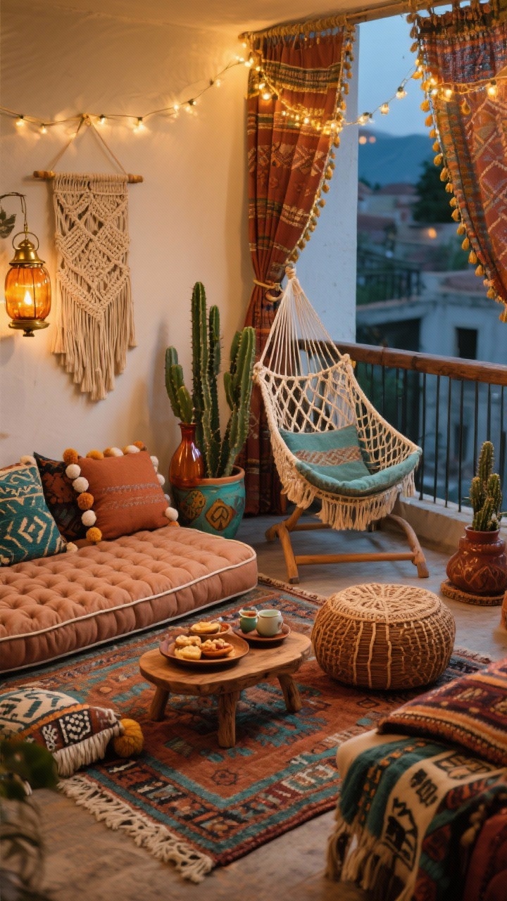 Photorealistic medium shot of a Boho Lounge With Layered Textiles; handmade-look kilim rug in clay and teal anchors a low floor seating cluster: tufted floor mattress, macramé hammock chair on a railing-mounted stand, and a woven pouf; carved mango-wood tray table with snacks and tea; textiles everywhere—pom-pom fringe pillows and block-printed throws; macramé wall hanging; brass lantern and amber glass vases; cluster of cacti in painted pots; fairy lights draped overhead and a beaded curtain framing the scene; palette of clay, rust, teal, gold; warm cozy evening lighting; angled view from the balcony corner.