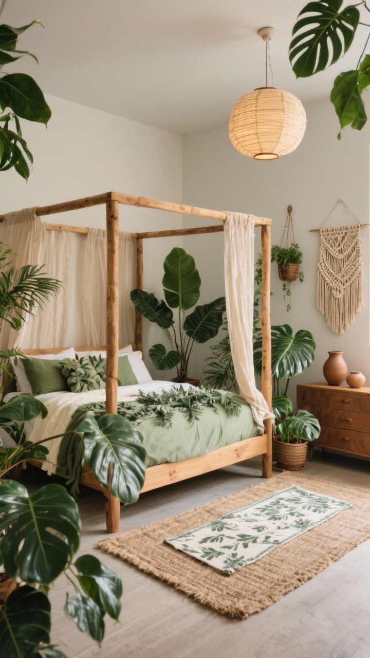 Photorealistic medium shot of a Botanical Boho Sanctuary focusing on the bed and plant layering: warm wood canopy/four-poster bed with lightly draped gauzy panels; bedding in eucalyptus and olive green with cream accents; jute rug layered under a smaller printed runner; floor plants of varying heights—fiddle leaf fig, monstera, rubber plant; woven wall hanging and macramé plant holders; earthy ceramic vessels on a dresser; soft diffused lighting from a paper lantern or woven drum shade; corner angle showing depth and lush greenery.