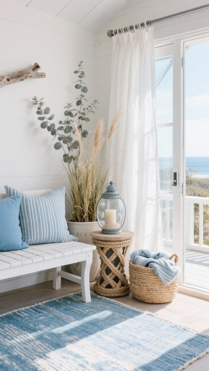 Photorealistic medium shot of a Coastal Breeze Hideaway; faded blue flat-weave rug and a whitewashed slatted bench topped with sky-blue cushions; rope-wrapped side table beside a woven seagrass basket filled with throws; white linen curtains on a tension rod fluttering lightly; striped lumbar pillows, ceramic lantern with cutouts, and a glass hurricane filled with sand and a candle; tall planters with grasses and a silvery eucalyptus; palette of soft blues, ivory, driftwood; bright natural daylight with gentle breeze; angled perspective from the balcony doorway.