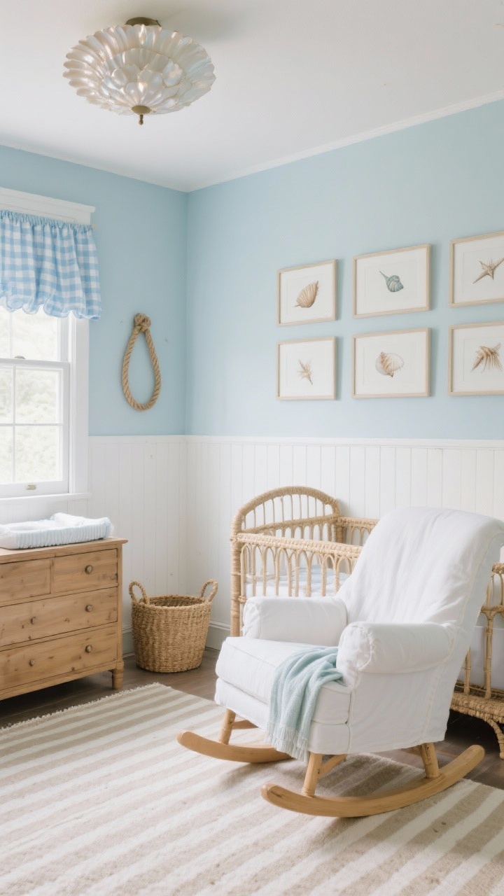 Photorealistic medium shot of a Coastal Breezy Cottage vignette: pale blue walls with white beadboard wainscoting, cane-rail crib, white slipcovered glider with a light throw, striped cotton rug on the floor, natural wood dresser topped with a seagrass changing basket, soft blue gingham Roman shade at the window, a cluster of framed seashell sketches on the wall, rope-handled basket beside the dresser; capiz shell flush mount overhead casting a shimmery coastal glow; palette of powder blue, crisp white, sand, cane.