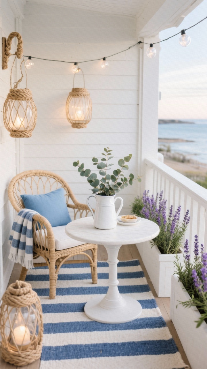 Photorealistic medium shot of a coastal cottage breakfast corner on a balcony: blue-and-white striped outdoor rug, small white round pedestal table set with a white enamel pitcher filled with eucalyptus, curved-back rattan chair layered with a sky-blue cushion and a striped throw draped over the arm. Woven rope lanterns and frosted globe string lights provide gentle illumination. White rail planters filled with lavender and rosemary along the edge. Airy palette of white, sandy beige, and sea blues; breezy morning ambiance, slight angle view.