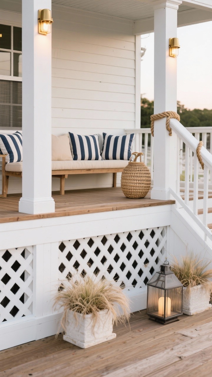 Photorealistic medium shot of a coastal cottage deck skirt: crisp white PVC lattice wrapping the base, framed with 1x4 cedar trim painted satin white; brushed brass deck lights mounted at the corners glow softly at dusk. Include a simple rope cleat detail near the stairs. Color palette: soft white, sand beige, navy accents. Add striped outdoor pillows on a bench, woven lanterns, and sea grass planters on the deck. Straight-on view emphasizing tidy lines and breezy Cape Cod mood.