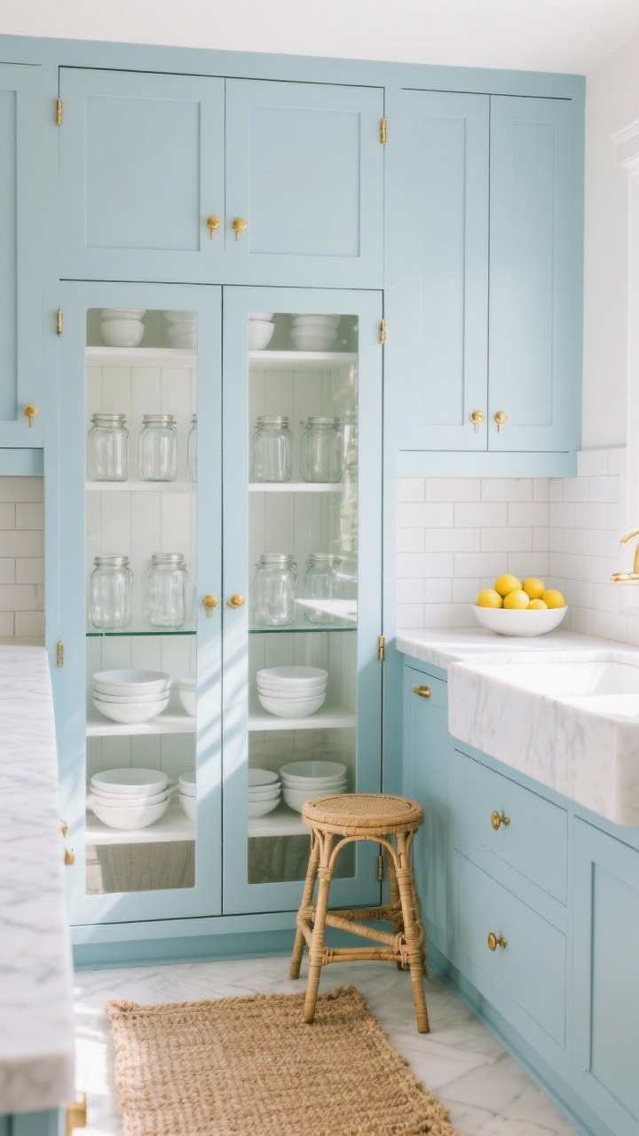 Photorealistic medium shot of a coastal glass-front pantry bathed in natural light: breeze-blue painted cabinets with slim brass latches and petite knob pulls, white quartz counters, classic white beadboard backsplash, rows of clear jars and white bowls arranged neatly inside the glass doors. Include a woven jute runner on the floor, a slender rattan step stool tucked in the corner, and a small bowl of lemons on the counter for a sunny pop. Crisp white and warm brass accents, airy seaside mood.