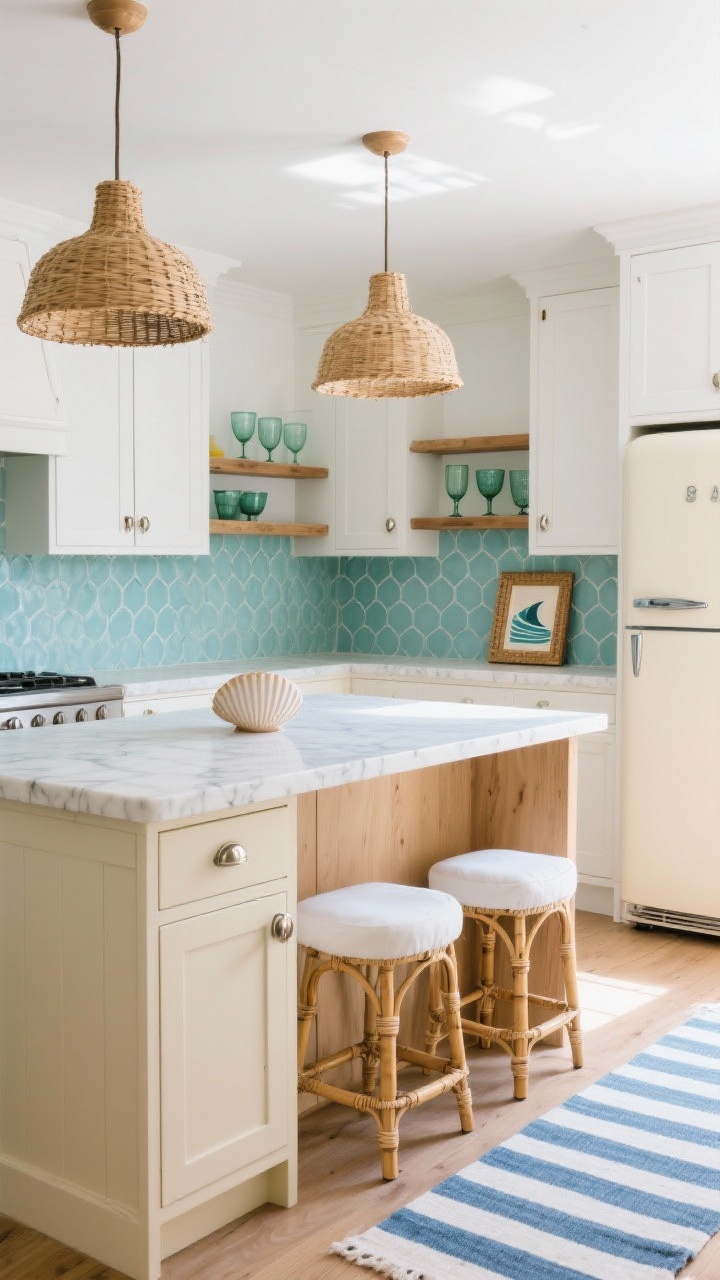 Photorealistic medium shot of a coastal retro kitchen island and back wall: soft aqua zellige tile backsplash with subtle ripples, white shaker cabinets with polished nickel latches and hinges, vintage-look cream fridge. Pale oak island under rattan pendant lights, bamboo barstools with white cushions, white quartz countertops with subtle marbling. Style open shelves with jadeite glassware, a striped blue-and-white runner on the floor, a shell-shaped drawer catchall, and a small surf print in a teak frame. Bright, breezy daylight; shoot from a corner angle to capture texture and light play.