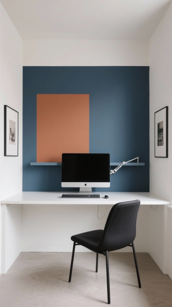 Photorealistic medium shot of a color-blocked focus zone: a large painted rectangular block on the wall in slate blue (or terracotta/olive variant), centered behind a white waterfall desk. A slim black chair sits tucked in. Inside the color block, install a matching floating shelf for symmetry. Desk setup is ultra-clean: single monitor on an arm, wireless keyboard, no visual clutter. Two framed prints with white mats flank within the block to keep the wall crisp. Neutral surroundings outside the color area. Straight-on composition emphasizing clear boundaries.