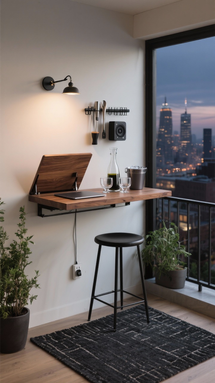 Photorealistic medium shot of a compact work-and-wine balcony bar: fold-down wall bar in warm walnut open as a laptop perch, paired with a backless counter-height black metal stool tucked underneath. Charcoal flatweave rug on the floor, slim vertical planter with herbs beside a magnetic rail rack holding bar tools and a small speaker. Plug-in sconce with a swivel arm provides focused task lighting. On the bar, a glass carafe, two stemless glasses, and a compact ice bucket in smoked tones. Modern palette of walnut, black, and smoked glass, evening city glow beyond.
