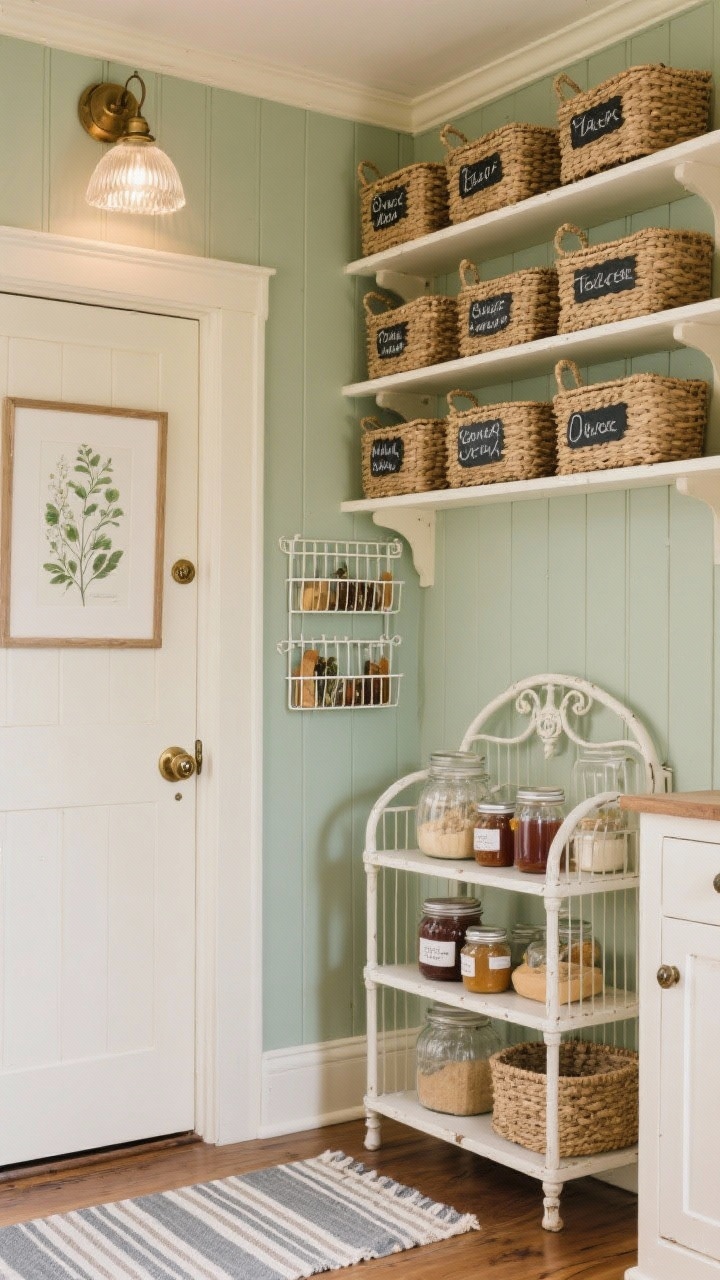 Photorealistic medium shot of a cottage-core pantry: soft sage beadboard walls and buttercream painted shelves in satin finish; woven seagrass baskets with handwritten chalkboard tag labels lined across the shelves; a vintage-style freestanding baker’s rack with jams, teas, and glass jars of baking ingredients; aged brass and ceramic knob details; milk-glass flush mount light casting warm glow; a white wire door rack organizing spices by category; a striped runner on the floor and a framed botanical print; cozy, charming atmosphere, corner angle.