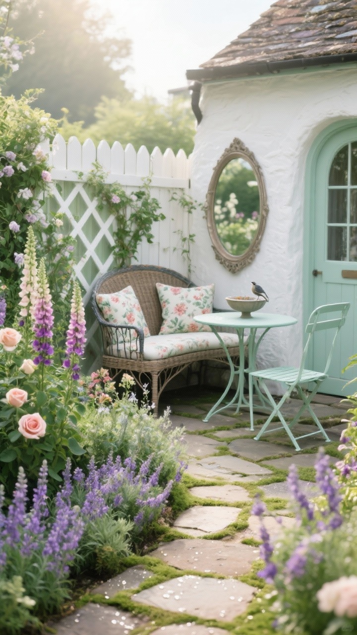 Photorealistic medium shot of a cottage garden nook along a meandering flagstone path: layered flower borders of lavender, foxglove, roses, catmint, and climbing clematis on a white lattice trellis; a curved bench with floral cushions tucked in, a painted bistro set in soft mint beside it, a classic birdbath, and a vintage-style arched mirror against a fence subtly expanding the view; palette of soft pastels, mossy green, chalk white; morning light with dewy highlights; materials of flagstone, wrought iron, wicker, zinc accents.