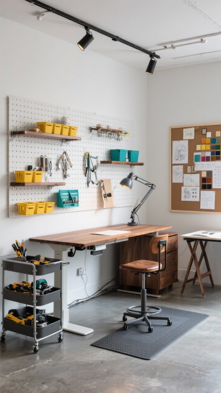 Photorealistic medium shot of a creative studio flex space: electric standing desk in walnut with a drafting stool, opposite a full grid pegwall outfitted with adjustable shelves, hooks, and bins. A rolling cart holds tools and a foldaway table leans nearby for project sprawl. A large pin-up board displays swatches, sketches, and timelines. Lighting: adjustable track lights aimed at zones plus a clamp-on task light on the desk. Flooring: sealed concrete with an anti-fatigue mat; neutral base (gray, white, walnut) with pops of saffron or teal in accessories. Dynamic, modular feel, slight overhead three-quarter angle.