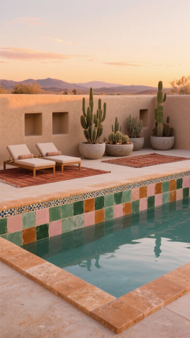 Photorealistic medium shot of a Desert Luxe pool frame at sunset: honed sandstone coping in warm tan with a squared edge, velvety stone surface; waterline finished with zellige-style ceramic tiles in varied earthy blush, cactus green, and toasted ochre, glossy and irregular; low-slung loungers nearby, rust-toned outdoor rug, cactus-filled concrete bowl planters; adobe-inspired privacy wall with inset niches behind; sand, blush, sage, ochre palette; warm, glowing light accentuating color shifts; straight-on view, no people.