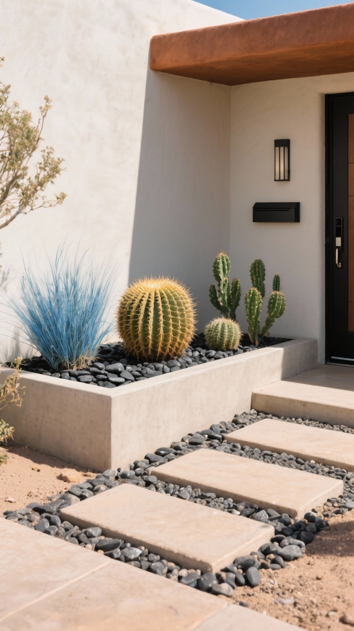 Photorealistic medium shot of a desert-modern entryway in bright, dry sunlight; concrete or fiberstone planter boxes in sand/putty tones; sculptural composition with agave or golden barrel cactus as center anchors, flanked by blue fescue and euphorbia; top-dressed with black polished pebbles or crushed granite; rectangular stepping stones with decomposed granite in between leading to a door with a matte black handle and a linear wall-mounted mailbox; odd-number plant groupings (3 or 5); color palette of rust, bone, charcoal, and cactus green; clean, gallery-like feel viewed from a slight side angle.