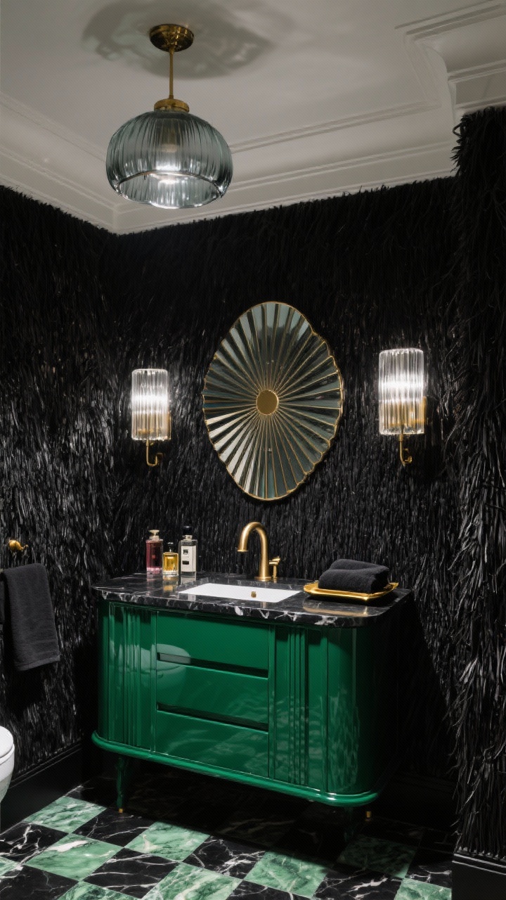 Photorealistic medium shot of a glam powder room: black grasscloth wallpaper with subtle sheen; petite lacquered emerald vanity with a black marble top and a curved brass faucet; fan-shaped mirror above; ribbed glass sconces flanking the mirror; checkered marble floor in black and green; smoked glass ceiling pendant; accessories including perfume bottles, black guest towels, and a small gold tray. Moody, Art-Deco nightclub vibe.