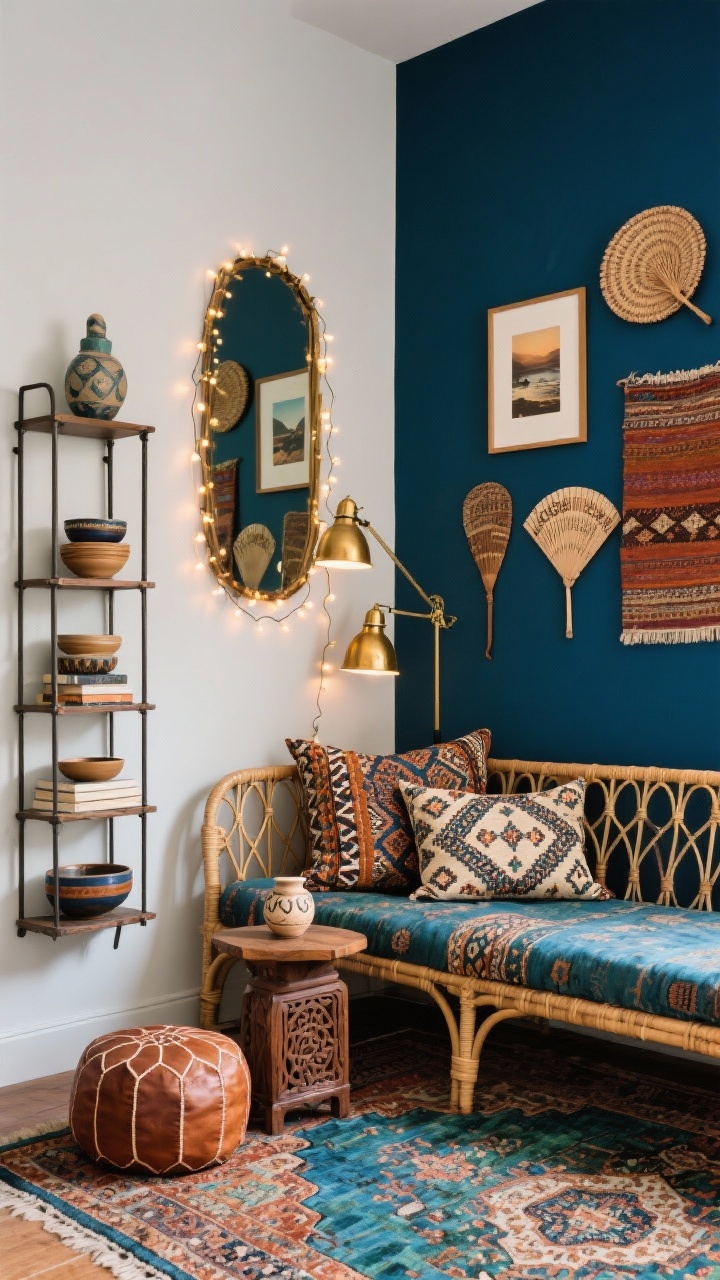 Photorealistic medium shot of a “Global Nomad Studio” corner: vintage Persian-style rug in sapphire, rust, and moss hues anchoring the scene, a rattan daybed loaded with patterned pillows (ikat, block print, suzani), a carved wood side table holding a small ceramic, leather pouf nearby, slim iron bookshelf with ceramics and stacked bowls; behind the daybed, a curated gallery wall of travel prints, woven fans, and a textile fragment in a floating frame; lighting from a brass task lamp with fairy lights draped over a mirror; deep blues, warm spices, oxidized brass accents; eclectic but intentional.