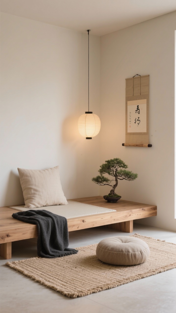 Photorealistic medium shot of a Japandi meditation nook in a clean-lined corner: low oak platform sized for a buckwheat zafu and zabuton, warm beige walls, oat linen cushion with a charcoal throw draped over the edge. Neutral jute rug layered with a thin tatami mat. A single paper lantern sconce casting warm, diffused light; mini bonsai on a slim ash-wood ledge; minimalist kakejiku-style wall scroll with simple calligraphy. Palette: oat, sand, charcoal, soft white. Materials: oak, linen, jute, tatami. Calm, tactile, grounded mood.