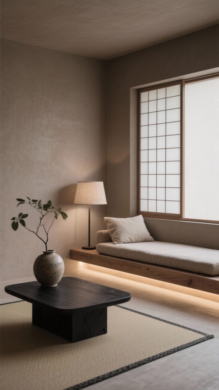 Photorealistic medium shot of a Japandi minimal zen retreat: matte taupe walls, low platform daybed with a linen cushion, shoji-style screen filtering light, single ceramic vase with a leafy branch, tatami mat, shallow blackened wood coffee table, floor lamp with a linen shade, hidden LED strip glow under a wall ledge; materials include linen, ash wood, ceramics, rice paper; palette of taupe, sand, charcoal, ecru; meditative, uncluttered mood, corner angle.