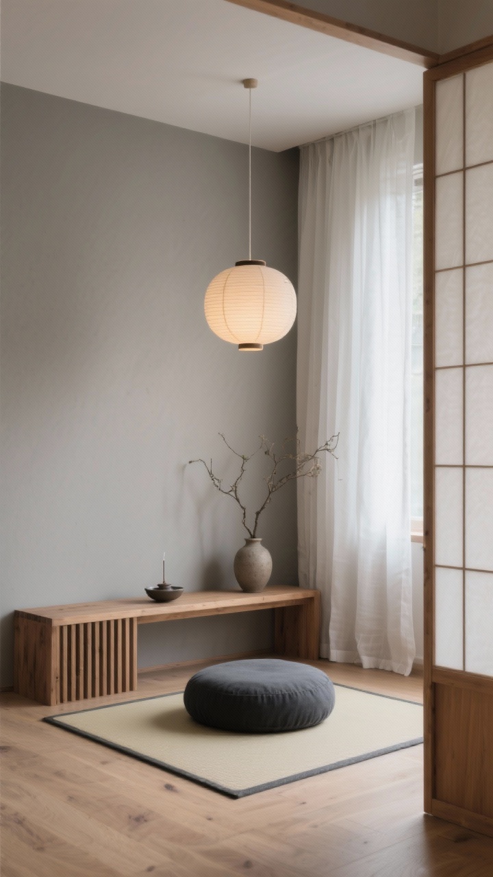 Photorealistic medium shot of a Japandi tranquility nook in a corner: greige walls, soft white linen curtains, pale oak floor with a low-profile tatami mat; a smooth zabuton with a round zafu cushion in charcoal sits centered. A slatted oak bench acts as a tea altar with a small ceramic incense bowl and a single stoneware vase holding a branch cutting. A paper lantern pendant casts a diffused warm glow overhead, and a slender shoji-style room divider subtly frames the space. Color palette: chalk, oak, charcoal, soft clay; textures: linen, paper, light wood, ceramic; calm, minimalist styling; no people.