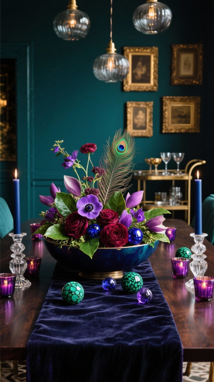Photorealistic medium shot of a jewel-tone maximalist centerpiece on a dark wood table with a midnight velvet runner: a low, wide bowl bursting with peacock feathers, purple anemones, burgundy ranunculus, and emerald magnolia leaves, layered with amethyst and sapphire glass ornaments and a few malachite-patterned spheres. Flanked by cut-crystal candlesticks with ink-blue tapers; jewel-toned votives scattered down the runner. Background shows deep teal walls, smoked glass pendants, a bar cart with vintage coupes, and a gallery wall of gold frames. Moody, luxe lighting.