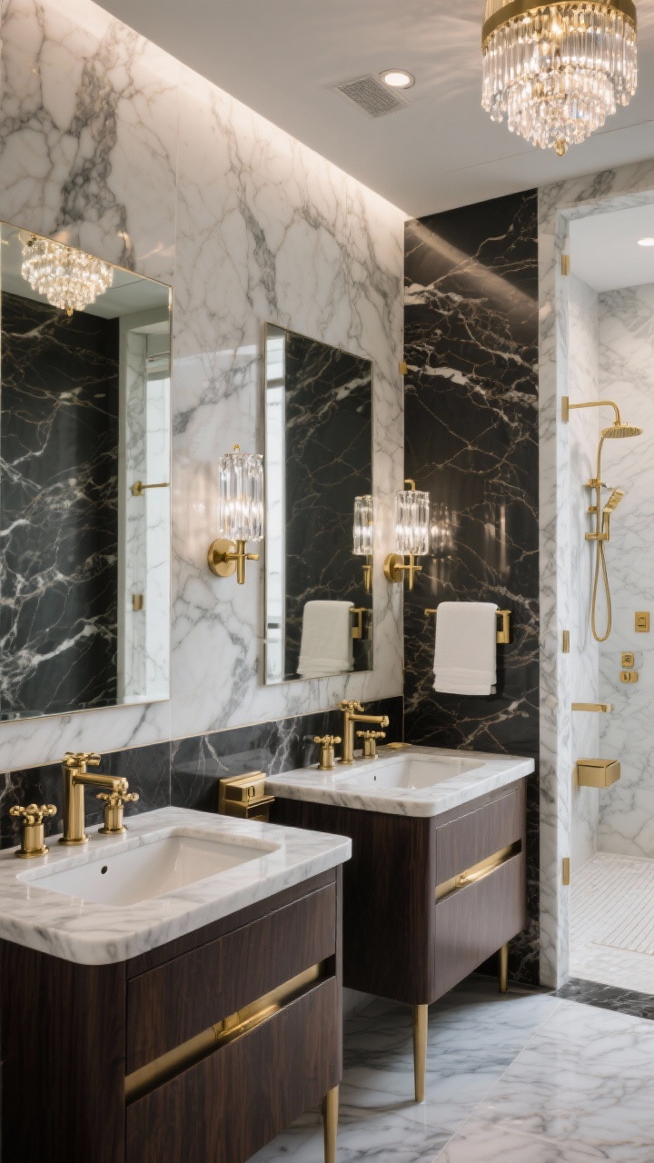 Photorealistic medium shot of a luxe hotel-glam bathroom vignette: book-matched marble-look porcelain slab wrapping the vanity wall, dramatic veining; dark walnut double vanity with thick mitered stone countertop; brushed gold fixtures and knurled gold pulls; vertical crystal sconces flanking a mirror, plus a flush-mount chandelier sparkling above; coordinated marble slab shower niche and threshold glimpsed to the side; color story of charcoal, soft white, and warm gold; subtle glow with layered lighting, hint of heated floors and towel warmer controls