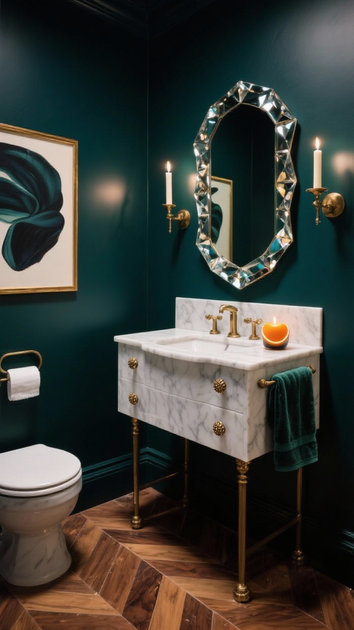 Photorealistic medium shot of a luxe jewel-box half-bath: satin-finish walls in midnight teal or blackened green, compact white marble vanity with knurled brushed brass pulls, gem-cut beveled mirror centered above, paired candle-style sconces casting a soft, flattering glow; warm walnut herringbone wood-look tile flooring; small moody abstract art in a gilded frame; velvet hand towel and a spicy citrus candle styled on the vanity. Dramatic, high-contrast lighting, no people.