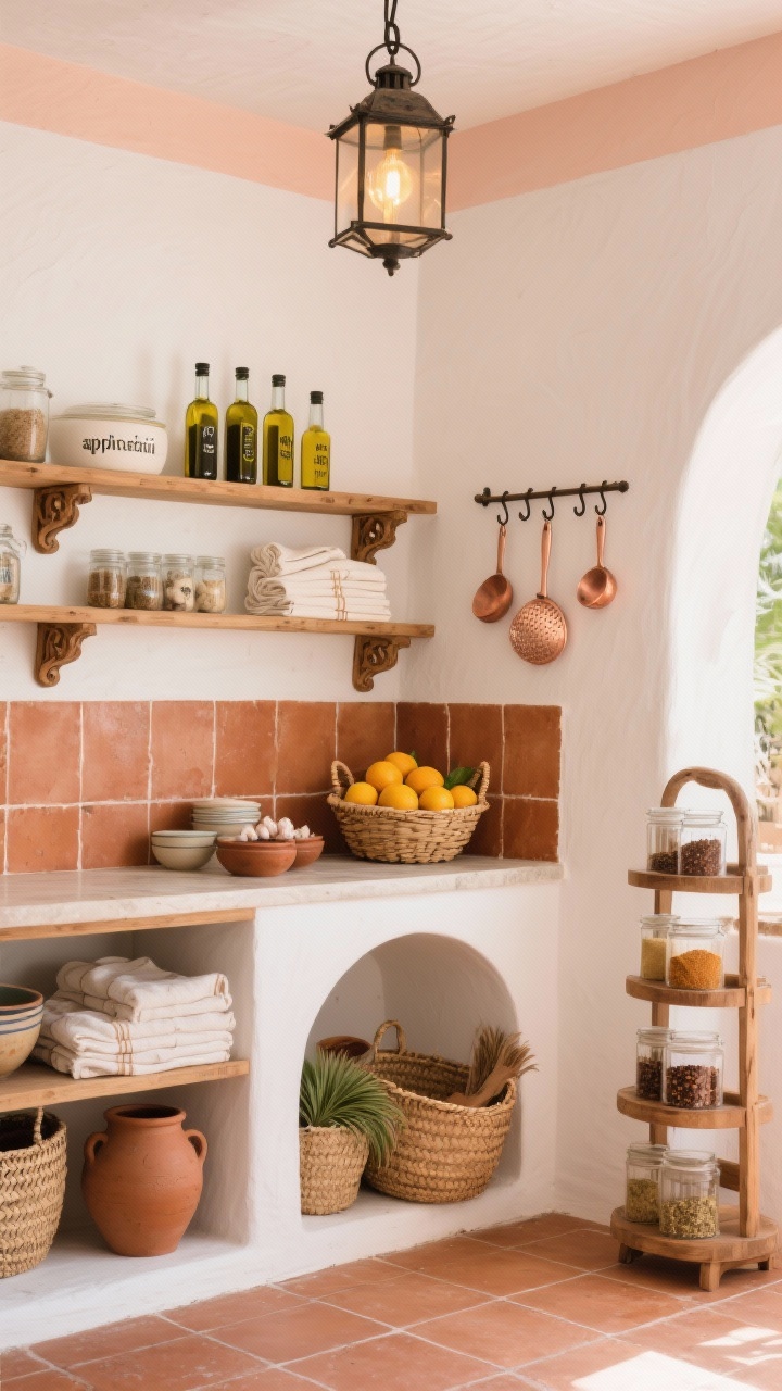 Photorealistic medium shot of a Mediterranean market pantry: warm white walls with peach undertones; terracotta tile floor and a small terracotta-tiled backsplash behind a compact counter; open pine shelves with carved brackets displaying olive oil bottles, labeled apothecary jars, and neatly folded linen towels; a low arched niche holding baskets of citrus and garlic; woven palm baskets, ceramic bowls, and clay pots as accents; wrought-iron lantern pendant overhead casting warm, sun-kissed light; a rail with copper hooks for ladles and strainers and a tiered wood stand filled with spices; breezy, earthy feel, slight corner angle.