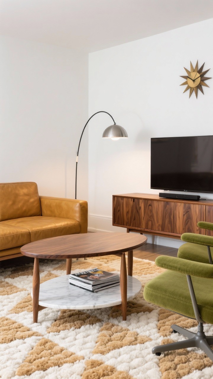 Photorealistic medium shot of a mid-century mix: an oval walnut coffee table with tapered legs and a slim white marble lower shelf holding magazines, set on a geometric tufted wool rug in cream and camel. A camel leather sofa pairs with two olive green swivel chairs; a warm walnut credenza sits beneath a slim TV, and a starburst clock hangs nearby. Lighting from an arc floor lamp with a brushed steel dome shade casts a soft pool of light. Colors: mustard, olive, walnut, bright white accents. Clean lines, retro warmth, slight three-quarter angle.