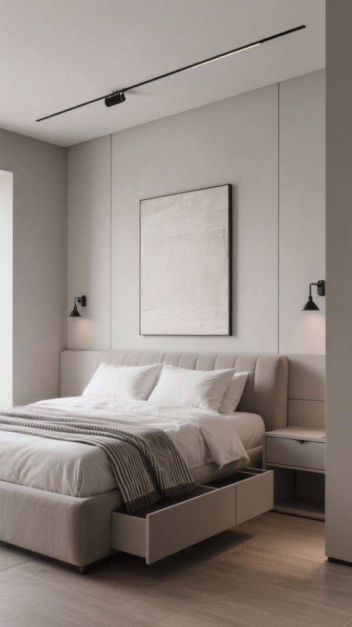 Photorealistic medium shot of a minimal luxe monochrome bedroom bathed in soft ambient light, everything tonal in warm gray/soft mushroom including walls, bedding, and storage; a low-profile upholstered bed with built-in drawers; flush, handleless floor-to-ceiling closets reading like a flat wall; a ceiling-mounted track light and slim black metal sconces providing chic contrast; crisp percale sheets with a micro-striped throw; one oversized art piece centered above the bed; calm, hotel-clean mood; corner angle to reveal hidden storage and low silhouettes.