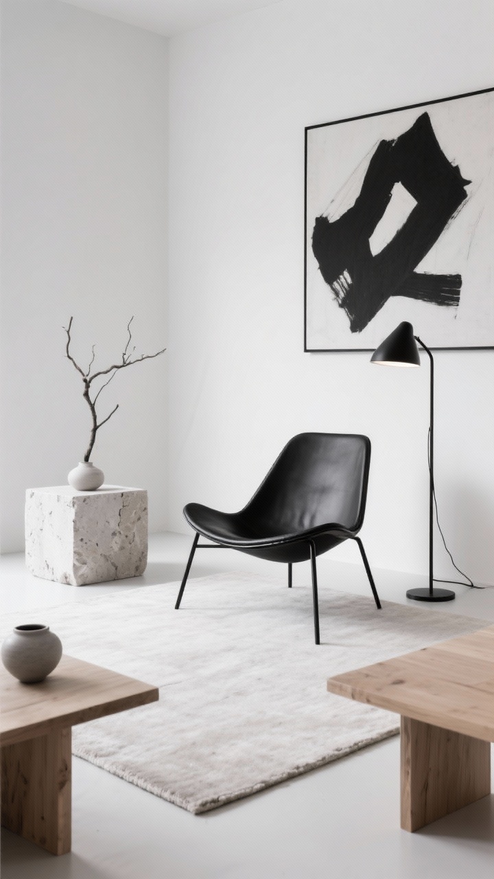 Photorealistic medium shot of a minimalist monochrome studio centered on an angular black accent chair with a powder-coated steel frame and a sling seat (canvas or leather) set on a pale microfiber rug; low-profile light oak furnishings around it; a single oversized black-and-white abstract artwork on the wall; a chunky cube side table in travertine adding stone texture; minimal ceramics and a sculptural branch as styling; a slim black floor lamp with a pinpoint shade providing focused light; strict palette of black, white, natural wood, and stone; clean, gallery-like restraint; straight-on composition emphasizing strong silhouettes.