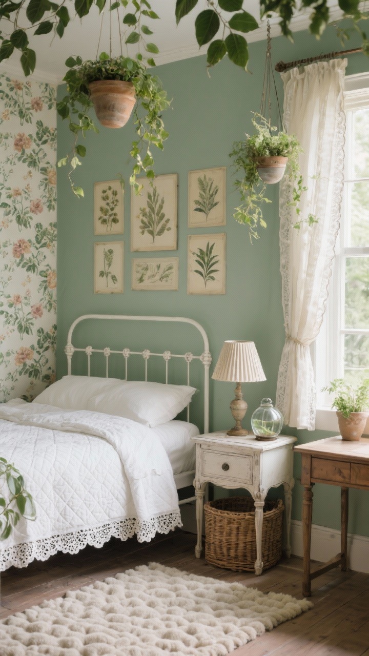 Photorealistic medium shot of a modern cottagecore greenhouse bedroom corner: leafy sage painted walls with a floral wallpaper accent behind a simple white iron bed; bed layered with a quilted coverlet, eyelet curtains framing a window, and vintage-style botanical prints on the wall; an antique-look nightstand with a pleated lampshade, woven baskets beneath, hand-tufted rug on the floor; add hanging trailing plants in ceramic pots and a small glass terrarium on a nearby desk; warm, soft natural light for a cozy, romantic mood; straight-on view.