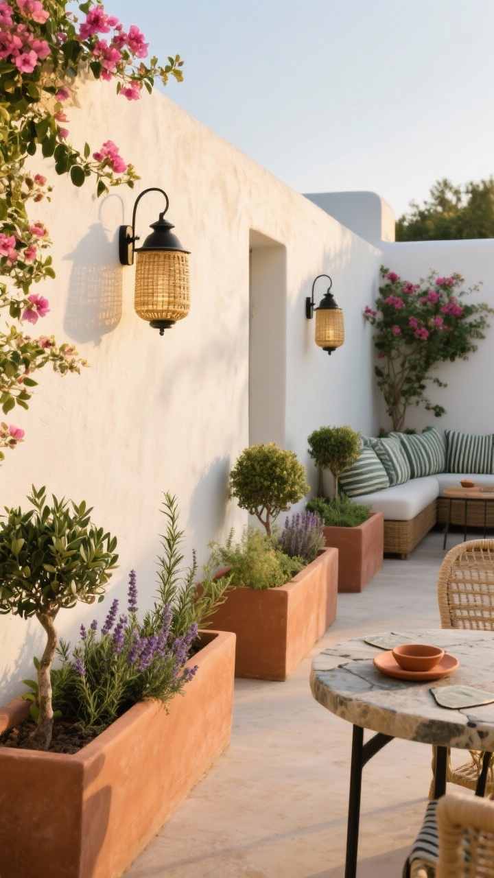 Photorealistic medium shot of a Modern Mediterranean courtyard along a white stucco wall in golden late-afternoon light; long, low terracotta planter boxes lined up, each anchored by dwarf olive shrubs with rosemary, lavender, and trailing thyme spilling over the edges; pops of geraniums and bougainvillea vines cascading; brass and matte black wall sconces on the stucco, woven lanterns, striped cushions on nearby seating; a small bistro table with stone coasters; terra-cotta saucers tucked under each planter; warm palette of sage, terra-cotta, creamy white, and deep olive; straight-on angle emphasizing repetition and breezy, sun-soaked mood.