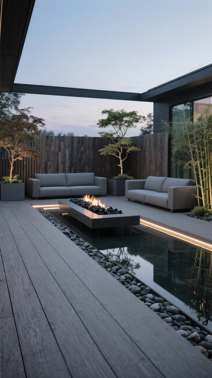 Photorealistic medium shot of a modern minimalist deck at twilight: low-profile composite decking in driftwood gray, slatted cedar privacy screens, boxy modular seating in pebble gray with sharp silhouettes, a linear rectangular gas fire table filled with black lava rock, a narrow reflection pool aligned parallel to the seating, restrained plantings of Japanese maple, clumping bamboo, and river rock borders; palette of charcoal, soft gray, matte black, muted greens; integrated low LED strip lights washing the deck edges; clean lines and glass accents.