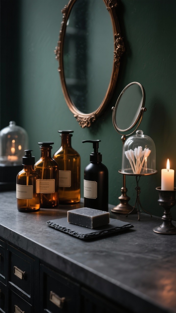 Photorealistic medium shot of a moody apothecary vanity: cluster of amber glass bottles with minimal labels, a charcoal soap bar on a black slate dish, and a matte black lotion pump. A bronze-framed magnifying mirror stands beside a small glass cloche covering cotton swabs; a taper candle in a dark metal holder adds glow. Dark charcoal or deep green wall backdrop to make the amber glow. Low, atmospheric lighting with candlelight accents, rich contrast, angled perspective for depth.