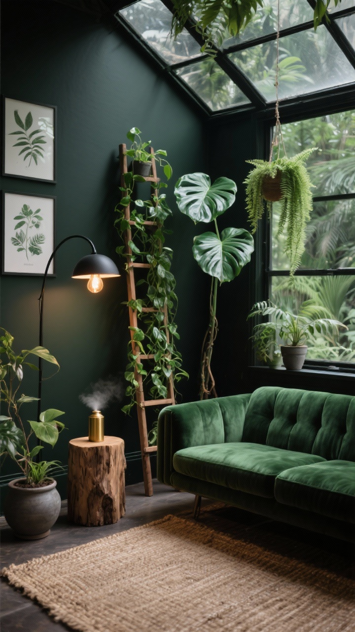 Photorealistic medium shot of a “Moody Jungle Retreat”: one accent wall painted deep olive/black-green, a velvet loveseat in emerald or forest centered, vertical plant display with a ladder shelf of trailing pothos, a tall fiddle-leaf fig, and a hanging fern over the window; jute rug grounding the space; matte ceramic planters, botanical prints on the dark wall, a wood stump side table with a brass misting can; warm bulb in a matte black arc floor lamp casting cozy light, lush, conservatory vibe in a compact room.