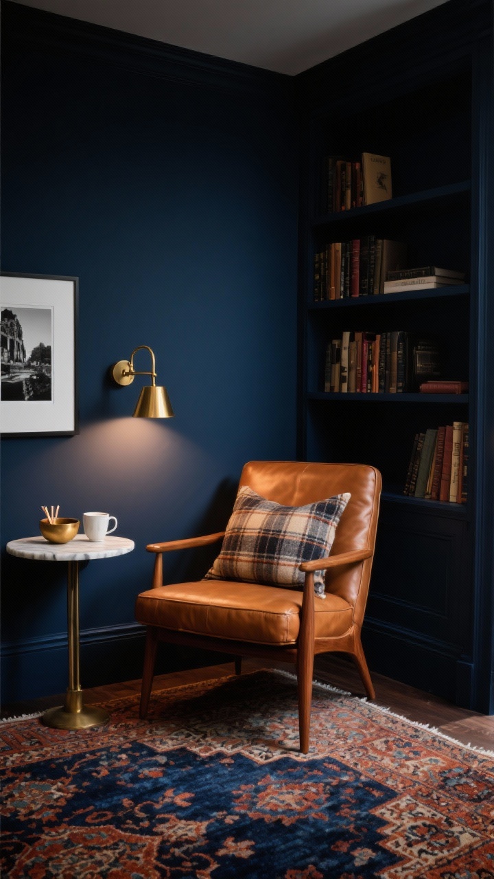 Photorealistic medium shot of a moody library nook featuring a cognac leather mid-century club chair with slightly tapered walnut legs on a vintage-inspired Persian rug with deep blues and rusts; inky navy wall with built-in shelves partially visible; a brass swing-arm sconce casting warm light onto a slim marble-topped side table holding a coffee cup and a small brass bowl for matches; framed black-and-white photography on the wall; a plaid wool pillow on the chair; color story of cognac, navy, brass, and dark wood; evening, warmly lit atmosphere; angled corner perspective emphasizing layered, collected feel.