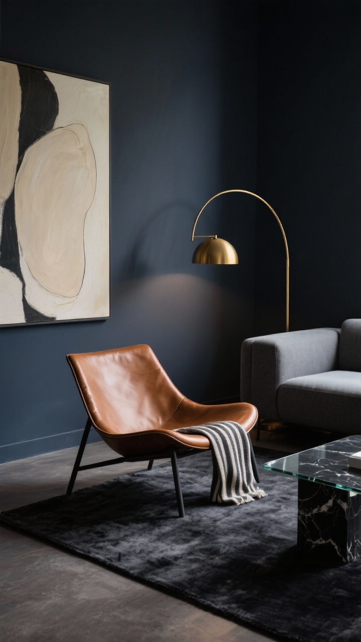 Photorealistic medium shot of a moody modern seating vignette: a low-slung cognac leather sling chair set on a charcoal rug, deep gray-blue charcoal-painted walls, a single oversized abstract canvas in creamy tones; adjacent streamlined pebble-gray sofa edge visible, smoked glass coffee table and a black marble side table; a burnished brass arc floor lamp sweeping over the scene; palette of charcoal, slate, cognac, brass; add a thin striped throw draped over the leather chair; dim, directional lighting for a sultry vibe, no people.