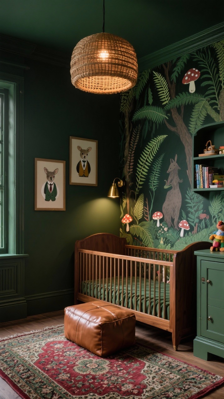 Photorealistic medium shot of a Moody Storybook Forest corner: deep pine green wall with a woodland mural featuring ferns, mushrooms, and hidden forest creatures; warm walnut crib; leather-look wipeable ottoman at the foot; vintage Persian-style rug in cranberry and moss tones; rattan pendant overhead casting a warm glow; brass picture lights illuminating art prints of animals in tiny waistcoats; built-in book ledges and a closed toy cabinet partially in frame; moody, dramatic ambiance.