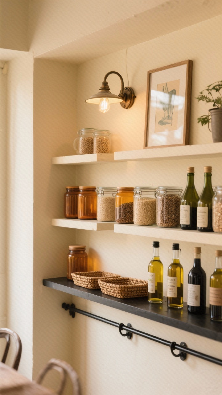 Photorealistic medium shot of a niche pantry wall styled like a café display: three to five shallow floating ledges (4–6 inches deep) mounted on a warm cream wall; a matte black gallery rail runs along the bottom shelf to prevent bottles from tipping; shelves arranged with amber glass jars of grains, a line of vinegar and oil bottles, and woven rattan trays; a vintage-style sconce above and a small framed art print for personality; soft, warm lighting from the sconce and reflected daylight; straight-on view with subtle depth of field.