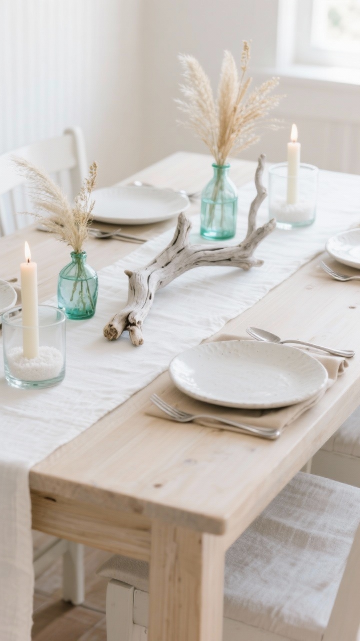 Photorealistic medium shot of a pale wood dining table styled in a coastal theme: a crisp bone-white linen runner, a single sculptural bleached driftwood branch centered, scattered glass bud vases in sea-glass tones (watery greens and blues) holding feathery grasses and dried sea oats instead of flowers. Place settings with white stoneware plates, sand-colored napkins, matte silver flatware. Low glass hurricanes filled with white sand and short pillar candles add a soft glow. Color palette: soft white, oatmeal, sea-glass green, driftwood gray. Shot from a slight corner angle at table height, bright natural daylight, airy and serene.