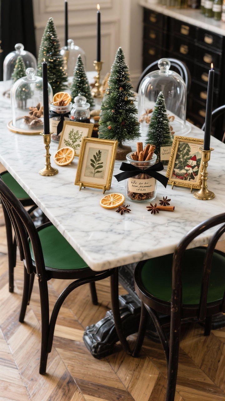 Photorealistic medium shot of a Parisian apothecary-inspired Christmas centerpiece on a marble-topped table with Thonet bistro chairs and herringbone floors: multiple glass cloche domes covering tiny bottle-brush trees, dried citrus slices, and mini apothecary jars filled with star anise and cinnamon sticks. Handwritten botanical-style labels tied with black satin ribbon on jars; brass-framed photo stands displaying old holiday postcards. Slender black tapers in antique brass holders line the center. Palette of ivory, inky black, antique gold, and moss green; refined, collected mood.