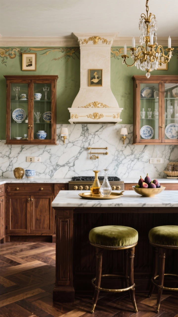 Photorealistic medium shot of a refined palazzo Tuscan kitchen focal wall: muted fresco green satin walls, Calacatta marble counters with bold veining, walnut-paneled cabinetry with delicate bead molding; plaster range hood crowned with gilt detailing; tall glass-front cabinets displaying porcelain and crystal; gilded iron chandelier overhead and small picture lights illuminating framed still-life art; dark herringbone oak flooring; upholstered counter stools in olive velvet; brass tray styled with vintage decanters and a bowl of figs; softly luminous, elegant ambiance.