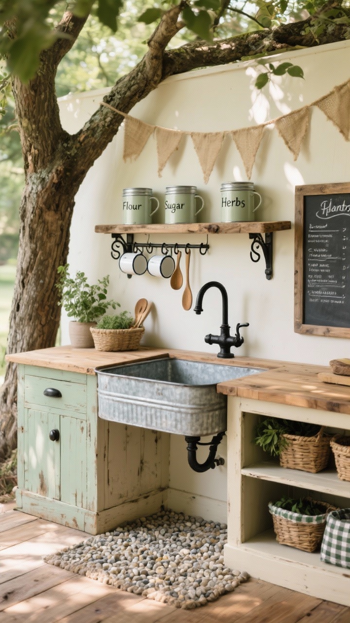 Photorealistic medium shot of a Rustic Farmhouse mud kitchen prep station under a tree: a weathered wood counter with a repurposed galvanized basin sink, black wrought iron pulls and chunky iron S-hooks holding enamel mugs and wooden spoons, rough-cut shelf with tin canisters labeled “Flour” (sand), “Sugar” (salt), and “Herbs” (leaves), a vintage-style hand pump, gingham-lined baskets, a chalkboard menu, burlap bunting overhead, and a defined pea gravel “pantry” floor zone; palette of buttercream, sage, and warm pine; soft dappled natural light.