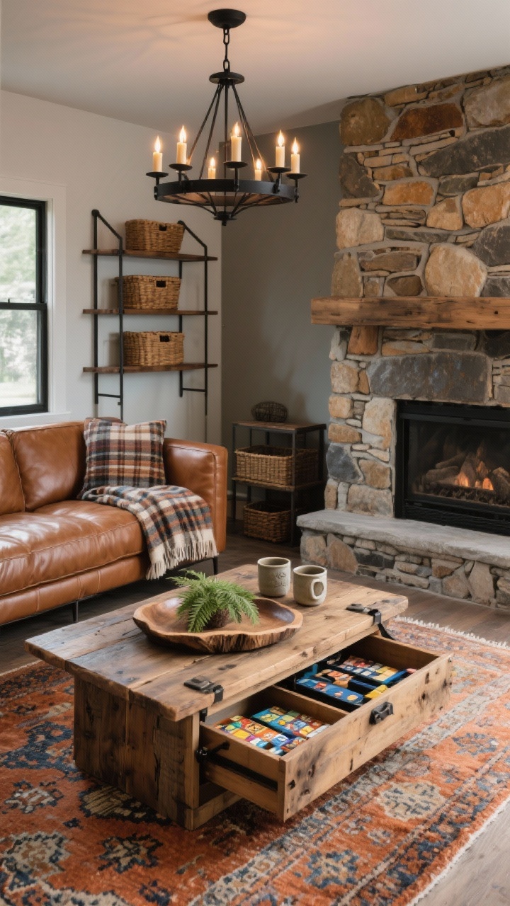Photorealistic medium shot of a rustic-modern living room corner featuring a reclaimed wood lift-top coffee table partially raised, revealing storage for board games; placed on a hand-knotted vintage-style rug with terracotta and faded indigo tones. A caramel leather sectional wraps the scene, with iron-framed shelves holding woven baskets in the background and a warm stacked ledgestone fireplace (or faux) at side. Palette: tobacco, cinnamon, cloud gray. Overhead glow from a black metal chandelier with candelabra bulbs. Accents: plaid throw, stoneware mugs on a live-edge tray with a small fern. Cozy, lived-in vibe, angled corner perspective.