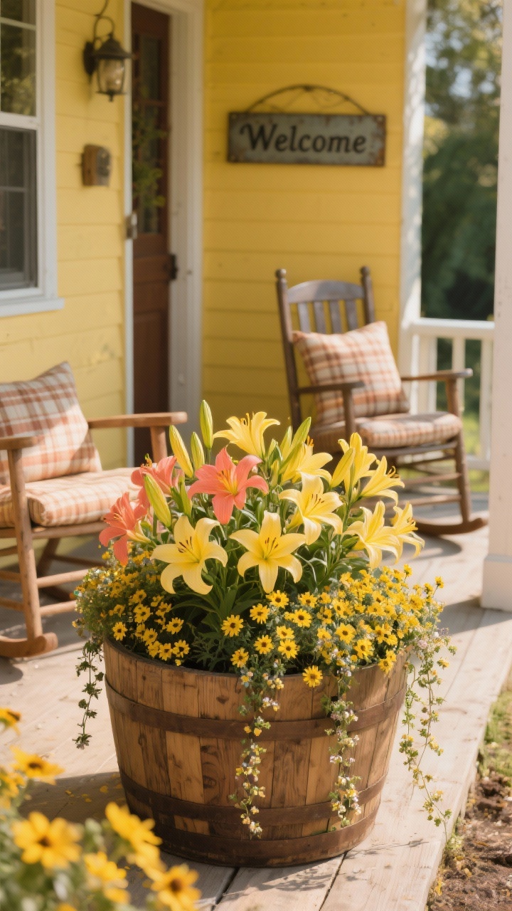 Photorealistic medium shot of a rustic porch scene in bright sun. A half whiskey barrel planter with visible wood grain is packed with repeat-blooming Daylilies (Hemerocallis) in buttery yellow and coral, interwoven with drifts of Coreopsis creating a fine-textured golden confetti effect; trailing Verbena cascades over the rim to soften edges. Include rocking chairs, plaid outdoor cushions, and a metal “Welcome” sign on the wall. Palette: butter yellow, coral, goldenrod, warm wood tones. Cheerful, welcoming mood with warm highlights.