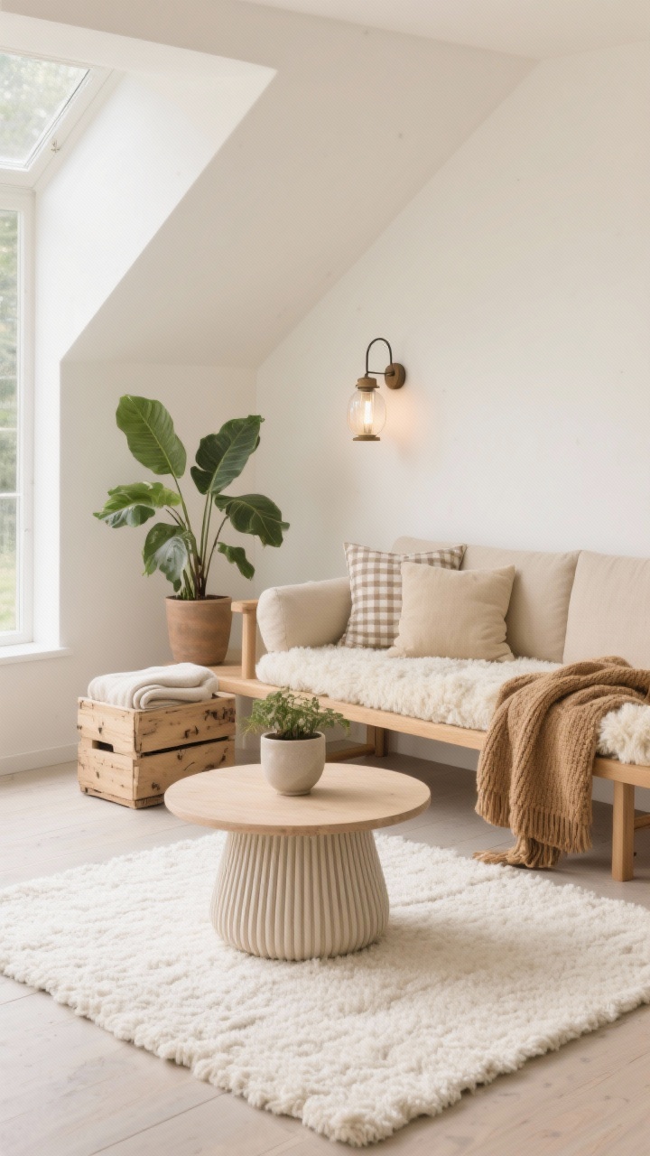 Photorealistic medium shot of a Scandi Cocoon With Warm Neutrals; cream boucle outdoor rug under a slim-profile teak loveseat with oatmeal cushions; round slatted coffee table centered; ribbed ceramic planter with a rubber plant adding height; camel knit throw draped, gingham beige lumbar pillows, and a shearling-style seat pad for softness; plug-in lantern sconce with milk-glass shade on the wall; birch storage crate tucked under the bench for blankets; palette of cream, camel, pale wood; soft diffused daylight; straight-on composition with rounded, inviting forms.