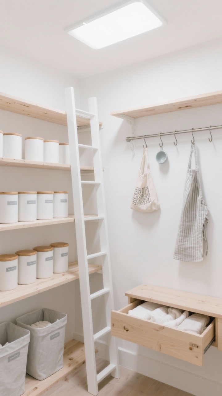 Photorealistic medium shot of a Scandinavian walk-in pantry: bleached birch shelves against crisp white walls; a narrow white-rail sliding library ladder granting access to high shelves; matte white canisters with light oak lids neatly grouped; a single long drawer unit at waist height for linens and wraps; linen bins, pale gray labels, minimalist scoops; slim rail with S-hooks holding reusable bags and aprons on one wall; diffused LED ceiling panel creating an even daylight glow; airy, bright, minimalist feel, straight-on composition.
