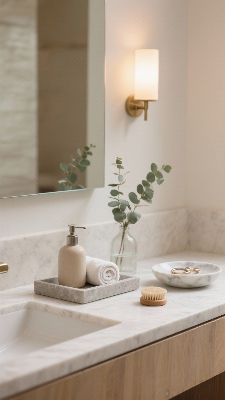 Photorealistic medium shot of a serene modern spa bathroom counter: pale quartz vanity with a low-profile matte stone tray corraling a ceramic pump bottle, a neatly rolled face towel, and a tiny eucalyptus bundle in a frosted glass bud vase; a shallow marble dish with rings and a small wooden body brush nearby. Palette of sand, oatmeal, white, and hints of sage. Warm, dimmable sconce above the mirror casting soft, diffuse light. Materials emphasized: stone, ceramic, frosted glass, light wood. Straight-on perspective, calm minimalist composition, no people.