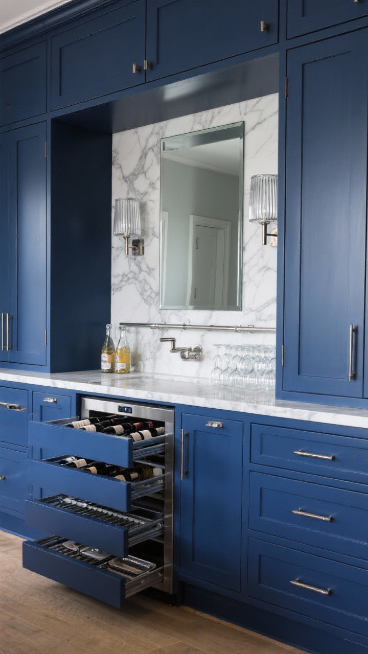 Photorealistic medium shot of a sleek built-in butler’s pantry pass-through: floor-to-ceiling cabinetry painted deep ink blue with polished nickel pulls, Calacatta-look quartz counters, and a mirrored backsplash reflecting light. Include fluted glass sconces flanking the mirror, an undercounter fridge for drinks, wine cubbies, pull-out tray dividers, and glassware rails. Refined, party-ready ambiance with crisp reflections.