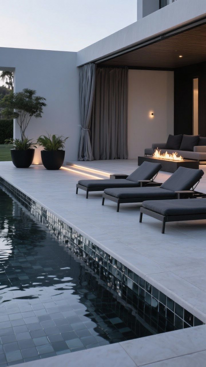 Photorealistic medium shot of a Sleek Resort-style pool edge: large-format pale gray porcelain coping with a precise bullnose edge, slip-resistant finish; waterline wrapped in graphite glass mosaic tiles with glossy, obsidian-like reflections; long, low sun beds with charcoal cushions aligned near a minimal cabana curtain, black planters punctuating the scene; linear gas fire feature and concealed LED step lights softly illuminating at dusk; cool gray, charcoal, jet black palette; smooth porcelain meeting glossy glass; captured from a corner angle to emphasize sleek lines, no people.