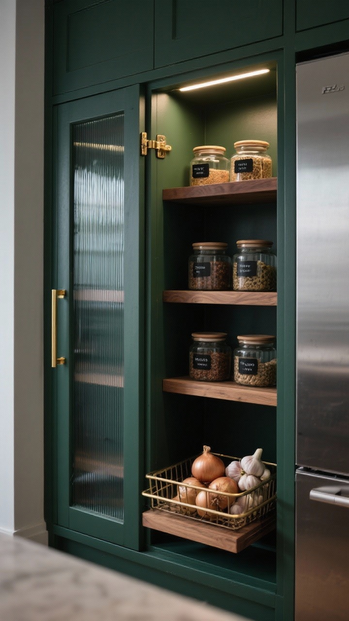 Photorealistic medium shot of a slender built-in glass-door pantry cabinet tucked beside a stainless fridge in a tight kitchen; cabinet painted charcoal green with reeded glass doors and a slim brass latch, glowing from a motion-activated LED strip inside; interior shows adjustable oak shelves neatly arranged with stackable glass canisters featuring matte black labels, plus a narrow pull-out basket holding onions and garlic; palette of charcoal green, warm oak, brass, and smoky glass; moody, soft ambient lighting with subtle reflections on the reeded glass; straight-on angle highlighting the slim footprint.